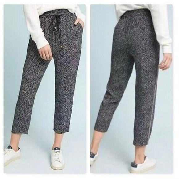 Anthropologie Black Floral Jogger Pants with Tuxedo Stripe Size Small - Picture 1 of 6